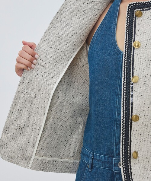 DES PRES（デ・プレ）の「メランジツイル クルーネックコンパクトジャケット（ノーカラージャケット・レディース・ライトベージュ・FREE）」の10枚目の写真