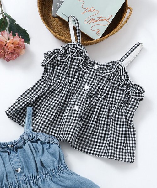 apres les cours（アプレレクール）の「フリルハートボタンビスチェ（その他トップス・キッズ・サックスブルー/チェック・100/90/140/130/120/110）」の2枚目の写真