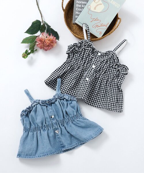 apres les cours（アプレレクール）の「フリルハートボタンビスチェ（その他トップス・キッズ・サックスブルー/チェック・100/90/140/130/120/110）」の3枚目の写真