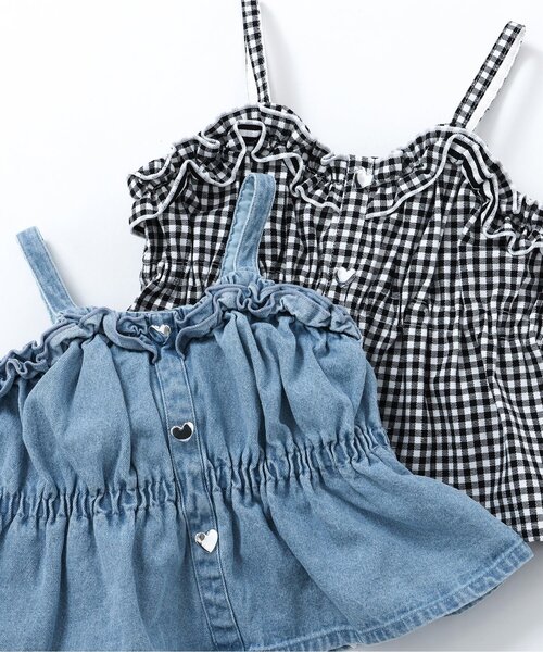 apres les cours（アプレレクール）の「フリルハートボタンビスチェ（その他トップス・キッズ・サックスブルー/チェック・100/90/140/130/120/110）」の4枚目の写真