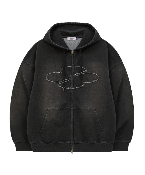 HOODHOOD(フッドフッド)の「クローバーロゴアプリケウォッシングデニムフードジップアップブラック(パーカー・レディース・その他・1/2/3)」の1枚目の写真