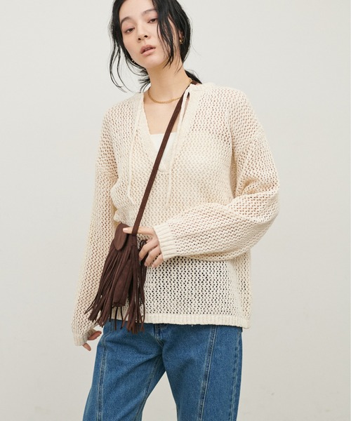 LARUTA（ラルータ）の「【LARUTA】MIXメッシュキーネックプルオーバー（ニット/セーター・レディース・グレー/ピンク/アイボリー/ブラック・FREE）」の7枚目の写真