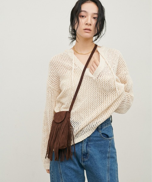 LARUTA（ラルータ）の「【LARUTA】MIXメッシュキーネックプルオーバー（ニット/セーター・レディース・グレー/ピンク/アイボリー/ブラック・FREE）」の8枚目の写真