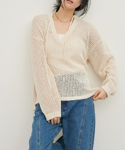 LARUTA（ラルータ）の「【LARUTA】MIXメッシュキーネックプルオーバー（ニット/セーター・レディース・グレー/ピンク/アイボリー/ブラック・FREE）」の5枚目の写真