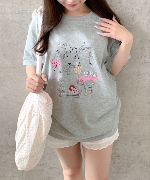 pyornim(ピョルニム)の「【26年春夏新作】コットン 手書きイラストプリント オーバーサイズ Tシャツ(Tシャツ/カットソー・レディース・ホワイト/グレー・L)」の1枚目の写真