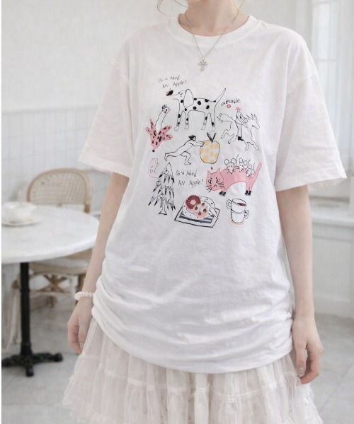 pyornim(ピョルニム)の「【26年春夏新作】コットン 手書きイラストプリント オーバーサイズ Tシャツ(Tシャツ/カットソー・レディース・ホワイト/グレー・L)」の2枚目の写真
