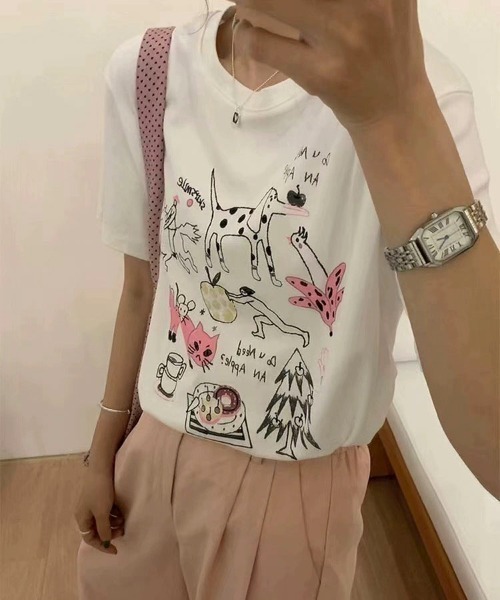 pyornim(ピョルニム)の「【26年春夏新作】コットン 手書きイラストプリント オーバーサイズ Tシャツ(Tシャツ/カットソー・レディース・ホワイト/グレー・L)」の14枚目の写真