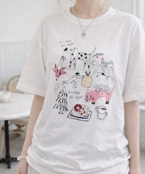 pyornim(ピョルニム)の「【26年春夏新作】コットン 手書きイラストプリント オーバーサイズ Tシャツ(Tシャツ/カットソー・レディース・ホワイト/グレー・L)」の13枚目の写真