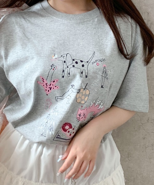 pyornim(ピョルニム)の「【26年春夏新作】コットン 手書きイラストプリント オーバーサイズ Tシャツ(Tシャツ/カットソー・レディース・ホワイト/グレー・L)」の20枚目の写真