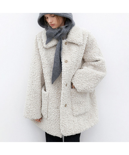 【美品】アトリエナイン♡ホワイトショートコート CT-1469)FLUFFY HALF FUR COAT（ダッフルコート）｜ATELIER NAIN