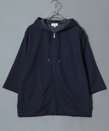Full-Zip 3/4-Sleeve Hoodie with Inner Stripe Lining/裏ボーダー七分袖ドライフルジップパーカー 吸汗速乾 メンズ レディース ユニセックス 7分袖