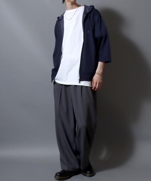 ANPAS(アンパス)の「Full-Zip 3/4-Sleeve Hoodie with Inner Stripe Lining/裏ボーダー七分袖ドライフルジップパーカー 吸汗速乾 メンズ レディース ユニセックス 7分袖(パーカー・メンズ・ベージュ/ネイビー/ブラック/グレー・M/L/XL)」の11枚目の写真