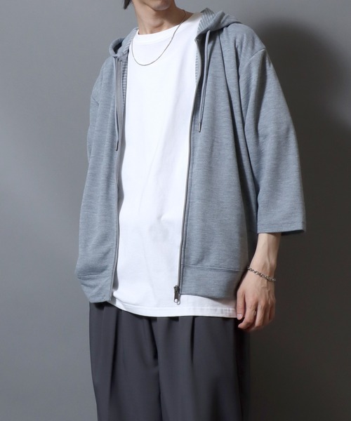 ANPAS(アンパス)の「Full-Zip 3/4-Sleeve Hoodie with Inner Stripe Lining/裏ボーダー七分袖ドライフルジップパーカー 吸汗速乾 メンズ レディース ユニセックス 7分袖(パーカー・メンズ・ベージュ/ネイビー/ブラック/グレー・M/L/XL)」の5枚目の写真