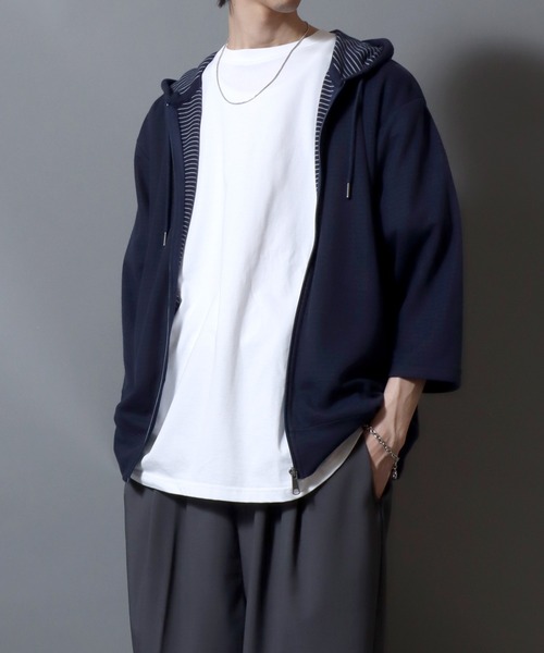 ANPAS(アンパス)の「Full-Zip 3/4-Sleeve Hoodie with Inner Stripe Lining/裏ボーダー七分袖ドライフルジップパーカー 吸汗速乾 メンズ レディース ユニセックス 7分袖(パーカー・メンズ・ベージュ/ネイビー/ブラック/グレー・M/L/XL)」の10枚目の写真