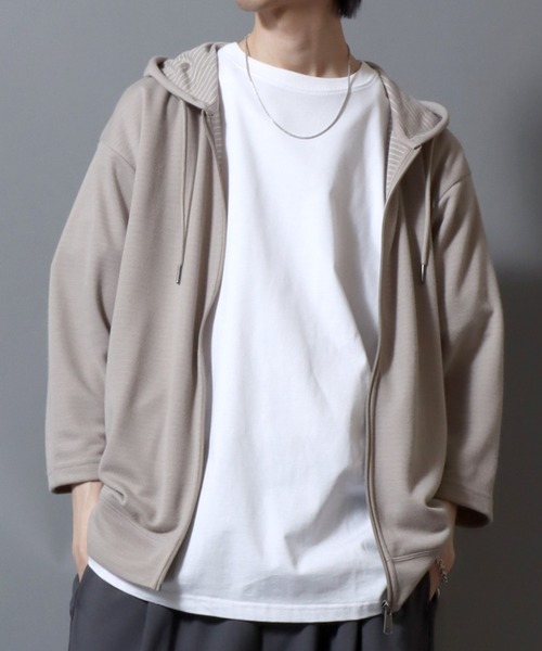 ANPAS(アンパス)の「Full-Zip 3/4-Sleeve Hoodie with Inner Stripe Lining/裏ボーダー七分袖ドライフルジップパーカー 吸汗速乾 メンズ レディース ユニセックス 7分袖(パーカー・メンズ・ベージュ/ネイビー/ブラック/グレー・M/L/XL)」の13枚目の写真
