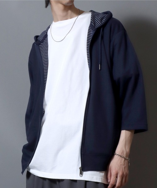 ANPAS(アンパス)の「Full-Zip 3/4-Sleeve Hoodie with Inner Stripe Lining/裏ボーダー七分袖ドライフルジップパーカー 吸汗速乾 メンズ レディース ユニセックス 7分袖(パーカー・メンズ・ベージュ/ネイビー/ブラック/グレー・M/L/XL)」の17枚目の写真
