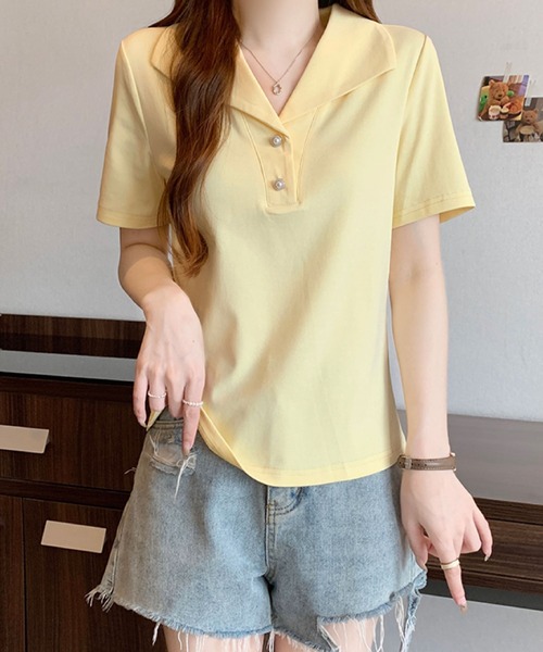 2ly2(トゥーリートゥー)の「セーラーカラー風ポロトップス / ボタンデザイン 半袖カットソー(Tシャツ/カットソー・レディース・ブルー/ブラック/イエロー/ホワイト・FREE)」の4枚目の写真