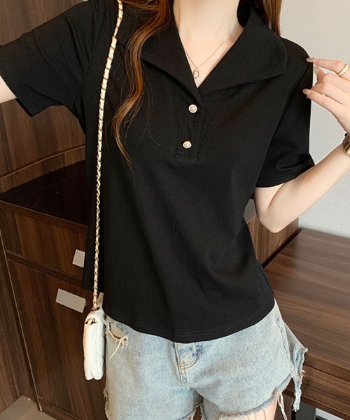 2ly2(トゥーリートゥー)の「セーラーカラー風ポロトップス / ボタンデザイン 半袖カットソー(Tシャツ/カットソー・レディース・ブルー/ブラック/イエロー/ホワイト・FREE)」の3枚目の写真