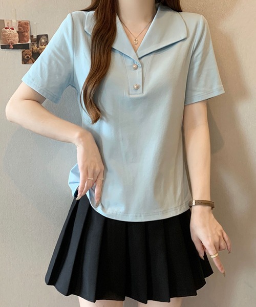2ly2(トゥーリートゥー)の「セーラーカラー風ポロトップス / ボタンデザイン 半袖カットソー(Tシャツ/カットソー・レディース・ブルー/ブラック/イエロー/ホワイト・FREE)」の11枚目の写真