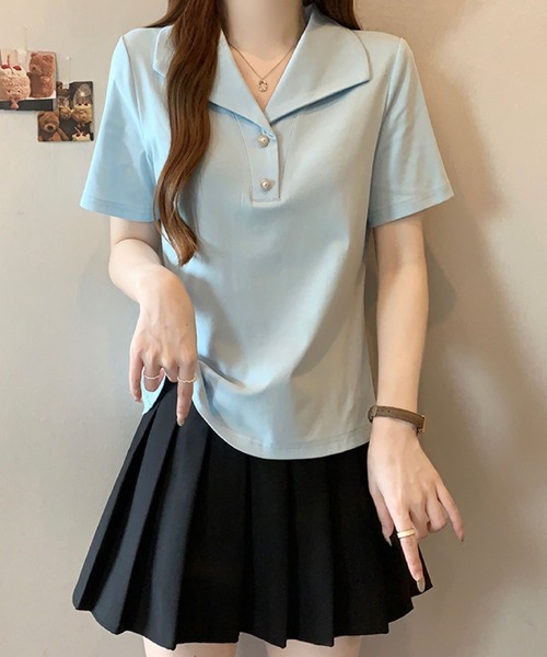 2ly2(トゥーリートゥー)の「セーラーカラー風ポロトップス / ボタンデザイン 半袖カットソー(Tシャツ/カットソー・レディース・ブルー/ブラック/イエロー/ホワイト・FREE)」の10枚目の写真