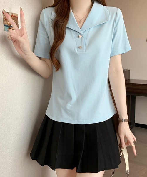 2ly2(トゥーリートゥー)の「セーラーカラー風ポロトップス / ボタンデザイン 半袖カットソー(Tシャツ/カットソー・レディース・ブルー/ブラック/イエロー/ホワイト・FREE)」の8枚目の写真