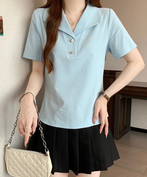 2ly2(トゥーリートゥー)の「セーラーカラー風ポロトップス / ボタンデザイン 半袖カットソー(Tシャツ/カットソー・レディース・ブルー/ブラック/イエロー/ホワイト・FREE)」の7枚目の写真