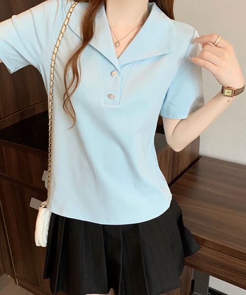 2ly2(トゥーリートゥー)の「セーラーカラー風ポロトップス / ボタンデザイン 半袖カットソー(Tシャツ/カットソー・レディース・ブルー/ブラック/イエロー/ホワイト・FREE)」の6枚目の写真