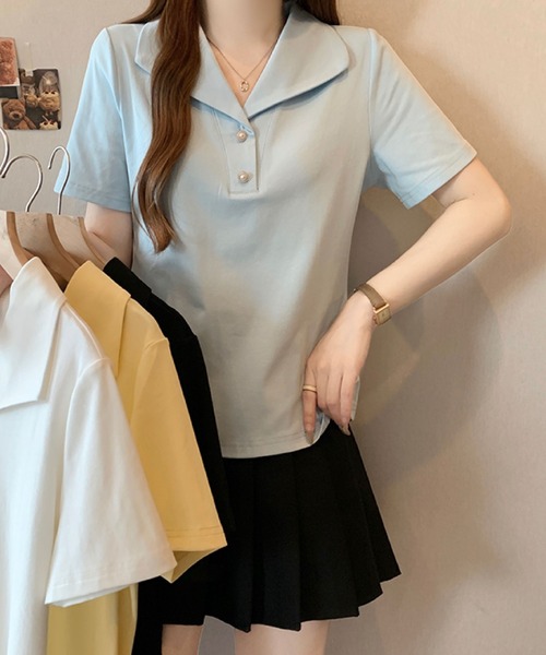 2ly2(トゥーリートゥー)の「セーラーカラー風ポロトップス / ボタンデザイン 半袖カットソー(Tシャツ/カットソー・レディース・ブルー/ブラック/イエロー/ホワイト・FREE)」の19枚目の写真
