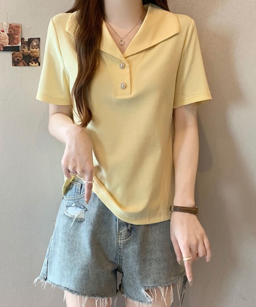 2ly2(トゥーリートゥー)の「セーラーカラー風ポロトップス / ボタンデザイン 半袖カットソー(Tシャツ/カットソー・レディース・ブルー/ブラック/イエロー/ホワイト・FREE)」の18枚目の写真