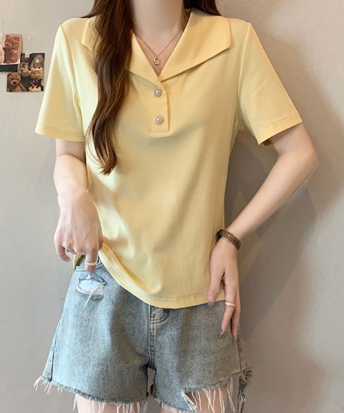 2ly2(トゥーリートゥー)の「セーラーカラー風ポロトップス / ボタンデザイン 半袖カットソー(Tシャツ/カットソー・レディース・ブルー/ブラック/イエロー/ホワイト・FREE)」の17枚目の写真