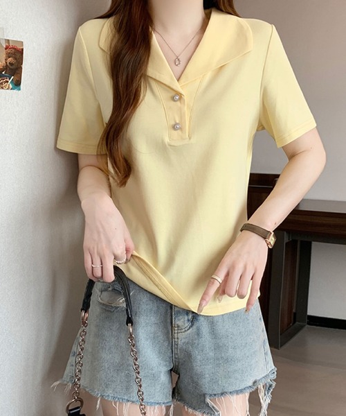 2ly2(トゥーリートゥー)の「セーラーカラー風ポロトップス / ボタンデザイン 半袖カットソー(Tシャツ/カットソー・レディース・ブルー/ブラック/イエロー/ホワイト・FREE)」の15枚目の写真