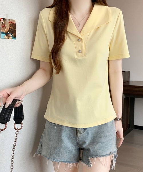 2ly2(トゥーリートゥー)の「セーラーカラー風ポロトップス / ボタンデザイン 半袖カットソー(Tシャツ/カットソー・レディース・ブルー/ブラック/イエロー/ホワイト・FREE)」の14枚目の写真