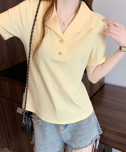 2ly2(トゥーリートゥー)の「セーラーカラー風ポロトップス / ボタンデザイン 半袖カットソー(Tシャツ/カットソー・レディース・ブルー/ブラック/イエロー/ホワイト・FREE)」の13枚目の写真