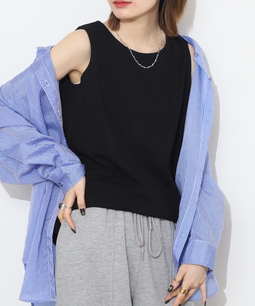 Arinomama(アリノママ)の「Arinomama 飾りタグ サイドスリット タンクトップ 200g 32sフライス編み(タンクトップ・レディース・カーキ/ブラック/ホワイト・FREE)」の1枚目の写真