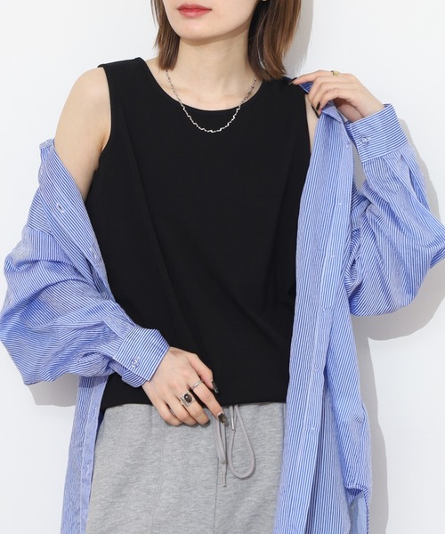Arinomama(アリノママ)の「Arinomama 飾りタグ サイドスリット タンクトップ 200g 32sフライス編み(タンクトップ・レディース・カーキ/ブラック/ホワイト・FREE)」の9枚目の写真