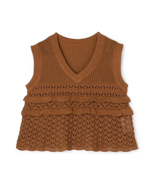 NATURAL BEAUTY BASIC(ナチュラルビューティーベーシック)の「Vネック透かし編みフリルニット(ニット/セーター・レディース・レッド/キャメル/オフホワイト・フリ-)」の6枚目の写真