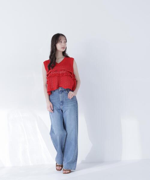 NATURAL BEAUTY BASIC（ナチュラルビューティーベーシック）の「Ｖネック透かし編みフリルニット（ニット/セーター・レディース・レッド/キャメル/オフホワイト・ﾌﾘ-）」の19枚目の写真