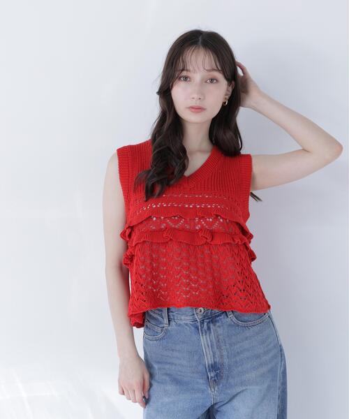 NATURAL BEAUTY BASIC（ナチュラルビューティーベーシック）の「Ｖネック透かし編みフリルニット（ニット/セーター・レディース・レッド/キャメル/オフホワイト・ﾌﾘ-）」の20枚目の写真