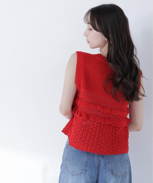 NATURAL BEAUTY BASIC（ナチュラルビューティーベーシック）の「Ｖネック透かし編みフリルニット（ニット/セーター・レディース・レッド/キャメル/オフホワイト・ﾌﾘ-）」の22枚目の写真