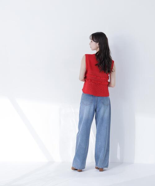 NATURAL BEAUTY BASIC（ナチュラルビューティーベーシック）の「Ｖネック透かし編みフリルニット（ニット/セーター・レディース・レッド/キャメル/オフホワイト・ﾌﾘ-）」の11枚目の写真
