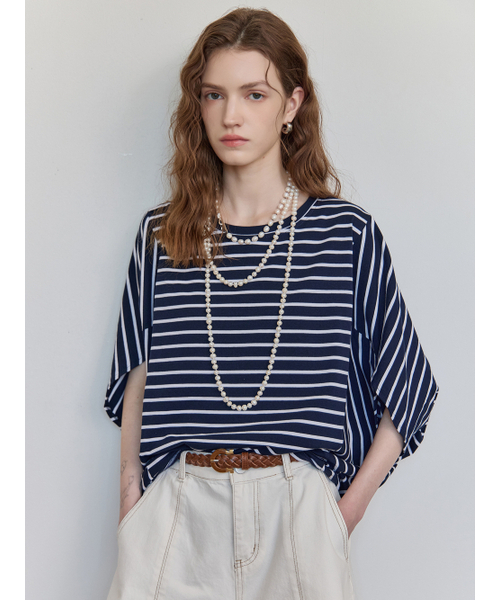 MAXZA(マージャコレクション)の「マリンストライプルーズフィットケープTシャツ(Tシャツ/カットソー・レディース・ネイビー/ホワイト・FREE)」の3枚目の写真