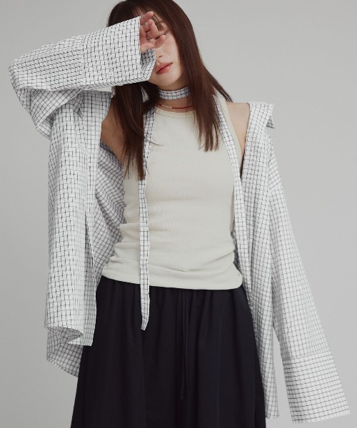 W:Huku（フーク）の「チェック サッカー ボウタイ シャツ / Checkered Bow Tie Shirt（シャツ/ブラウス・レディース・グレー/ブルー/アイボリー・FREE）」の2枚目の写真