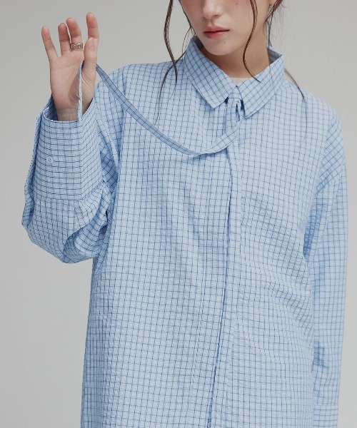 W:Huku（フーク）の「チェック サッカー ボウタイ シャツ / Checkered Bow Tie Shirt（シャツ/ブラウス・レディース・グレー/ブルー/アイボリー・FREE）」の12枚目の写真