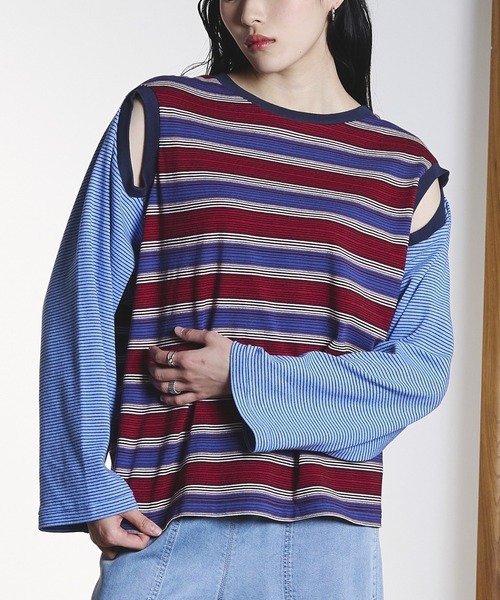 ROSE BUD(ローズバッド)の「(CREOLME)MULTI STRIPE L/S TEE(Tシャツ/カットソー・レディース・イエロー/ブルー・ONE SIZE)」の1枚目の写真
