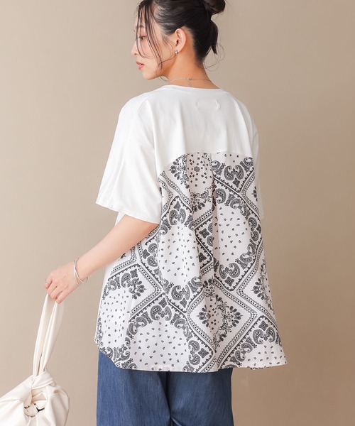 n'OrLABEL(ノアールレーベル)の「【接触冷感】冷感バンダナ柄切替カットソー(Tシャツ/カットソー・レディース・ブラック/杢グレー/オフホワイト・FREE)」の1枚目の写真
