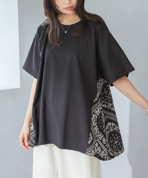 n'OrLABEL(ノアールレーベル)の「【接触冷感】冷感バンダナ柄切替カットソー(Tシャツ/カットソー・レディース・ブラック/杢グレー/オフホワイト・FREE)」の2枚目の写真