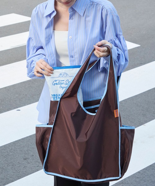 BONLECILL Marche（ボンルシールマルシェ）の「【BONLECILL Marche】《折りたたみ》バイカラーカラフルエコバッグ（エコバッグ/サブバッグ・レディース・ライトブルー/ミント/ピンク/ライトピンク/ライトグリーン/ブラウン・FREE）」の12枚目の写真