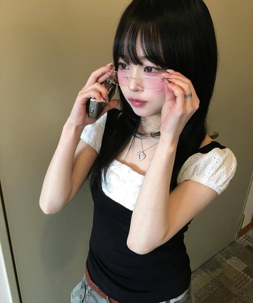 gossip！ロサンゼルス（ゴシップロサンゼルス）の「Y2K [デートルック/プレッピー] ルージュパフ半袖（Tシャツ/カットソー・レディース・ブラック・M）」の7枚目の写真
