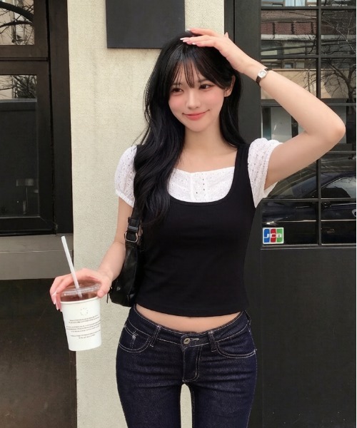 gossip！ロサンゼルス（ゴシップロサンゼルス）の「Y2K [デートルック/プレッピー] ルージュパフ半袖（Tシャツ/カットソー・レディース・ブラック・M）」の5枚目の写真