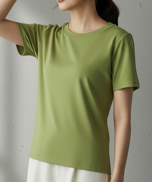 LOWO(ロワ)の「【全20色 / 65kgまで対応】高弾力 限界ストレッチ上品クルーネックTシャツ(Tシャツ/カットソー・レディース・スカイブルー/ネイビー/チャコールグレー/ターコイズブルー/レッド/イエロー/グレー/ピンク/ブラック/グリーン系その他/アクア/ライトピンク/モカ/オフホワイト/ダークブラウン/ミント/ブルー/ブラウン/ラベンダー/グレイッシュベージュ・FREE)」の11枚目の写真
